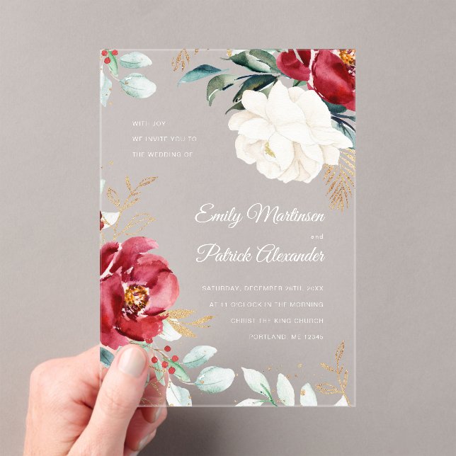 Invitaciones Acrílicas Boda de Navidad floral de invierno elegante (Insitu (portátil))
