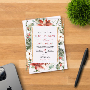 Invitaciones Acrílicas Boda de Navidad moderna de invierno rojo dorado ve