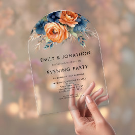 Invitaciones Acrílicas Boda de noche con flores naranja quemada y azul ma