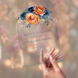 Invitaciones Acrílicas Boda de noche con flores naranja quemada y azul ma