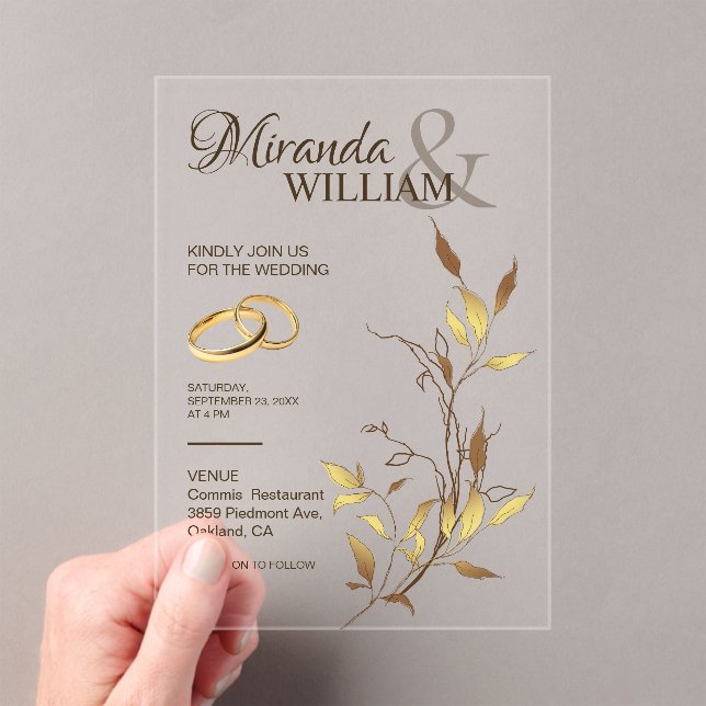 Invitaciones Acrílicas Boda de Oro Botánico de Lujo (Insitu (portátil))