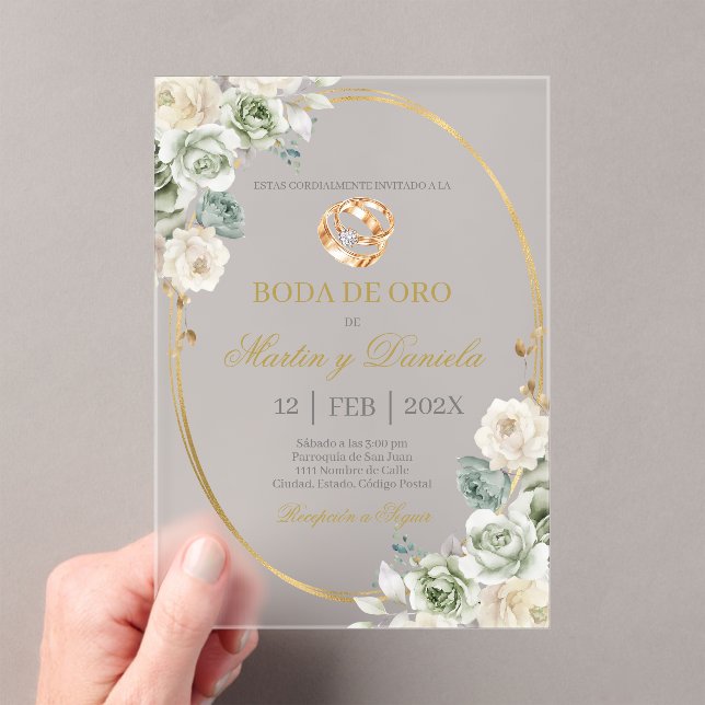 Invitaciones Acrílicas Boda de oro con boho blanco (Insitu (portátil))