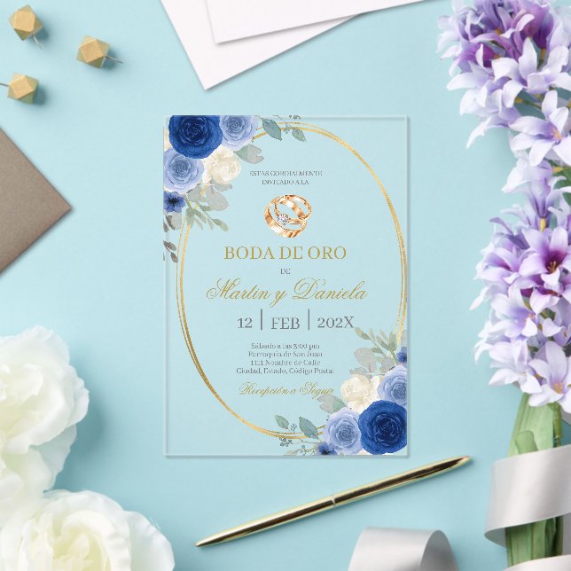 Invitaciones Acrílicas Boda de oro con flor azul (Insitu (Boda))