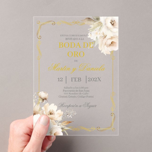 Invitaciones Acrílicas Boda de oro con flor blanca (Insitu (portátil))
