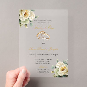 Invitaciones Acrílicas Boda de oro flor blanca beige editable
