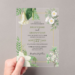 Invitaciones Acrílicas Boda de oro floral de color verde blanco ruso