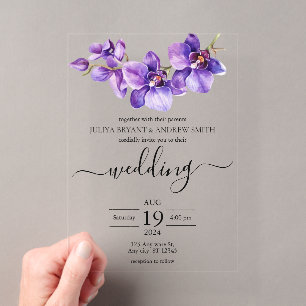Invitaciones Acrílicas Boda de orquídea morada y blanca en letra cursiva
