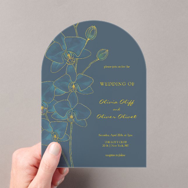 Invitaciones Acrílicas Boda de orquídeas azules suaves (Insitu (portátil))