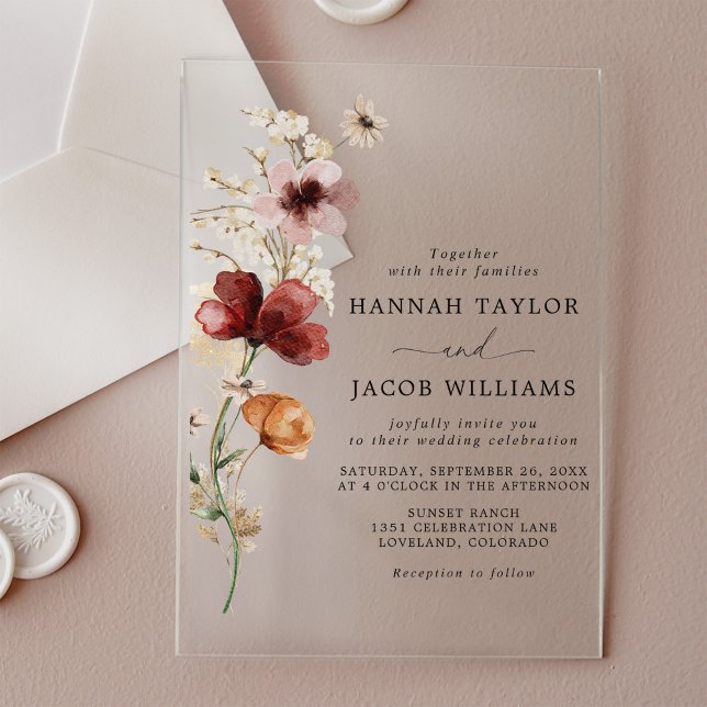 Invitaciones Acrílicas Boda de otoño boho con flores silvestres (Subido por el creador)