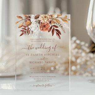 Invitaciones Acrílicas Boda de otoño boho flores de terracota óxido