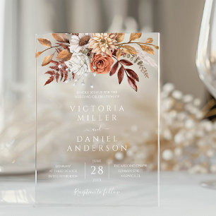 Invitaciones Acrílicas Boda de otoño boho flores de terracota óxido