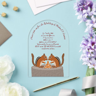 Invitaciones Acrílicas Boda de Otoño con Ardillas Lindas Personalizada