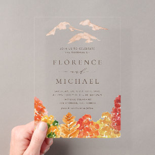 Invitaciones Acrílicas Boda de otoño con bosque de acuarela