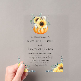 Invitaciones Acrílicas Boda de Otoño con Calabaza Rústica y Girasoles