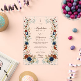 Invitaciones Acrílicas Boda de otoño con flores azules marino y naranja q