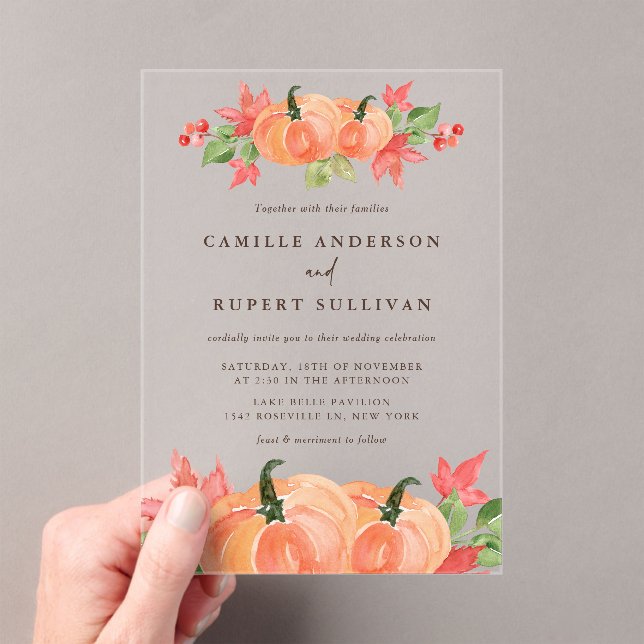 Invitaciones Acrílicas Boda de otoño de calabazas acuarelas (Insitu (portátil))