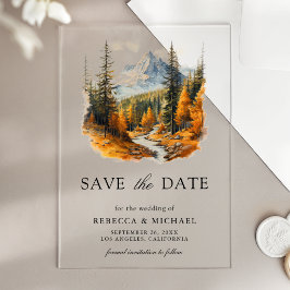 Invitaciones Acrílicas Boda de otoño en el bosque de montaña Save the Dat