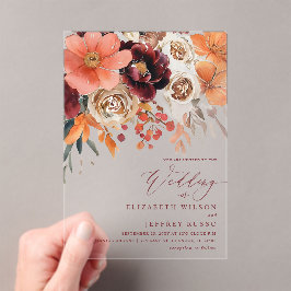 Invitaciones Acrílicas Boda de Otoño Floral Naranja Borgoña