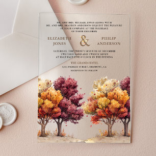 Invitaciones Acrílicas Boda de otoño otoñal Borgoña árboles