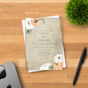 Invitaciones Acrílicas Boda de Otoño Rústico Calabazas Blancas y Naranjas