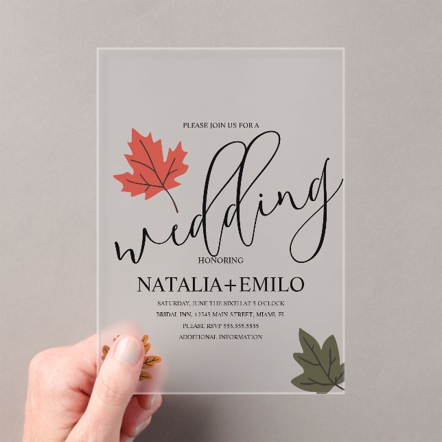Invitaciones Acrílicas Boda de Otoño Simple Hoja  (Insitu (portátil))