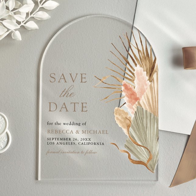 Invitaciones Acrílicas Boda de Palm Pampas Taupe Seco Salva la Fecha (Subido por el creador)