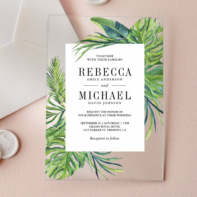 Invitaciones Acrílicas Boda de Palma Monstera Tropical (Subido por el creador)