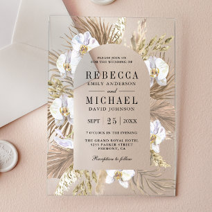 Invitaciones Acrílicas Boda de palma seca de orquídea blanca Pampas Boho