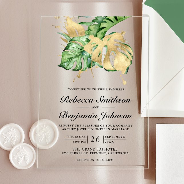 Invitaciones Acrílicas Boda de Palma Tropical Monstera Dorada (Subido por el creador)