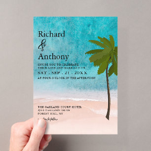 Invitaciones Acrílicas Boda de palmera en la playa del océano