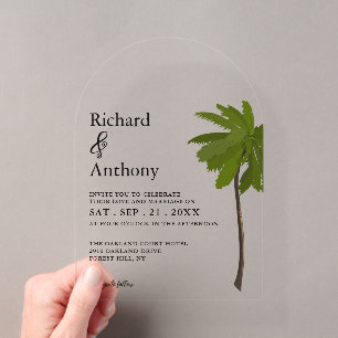 Invitaciones Acrílicas Boda de palmera en la playa del océano