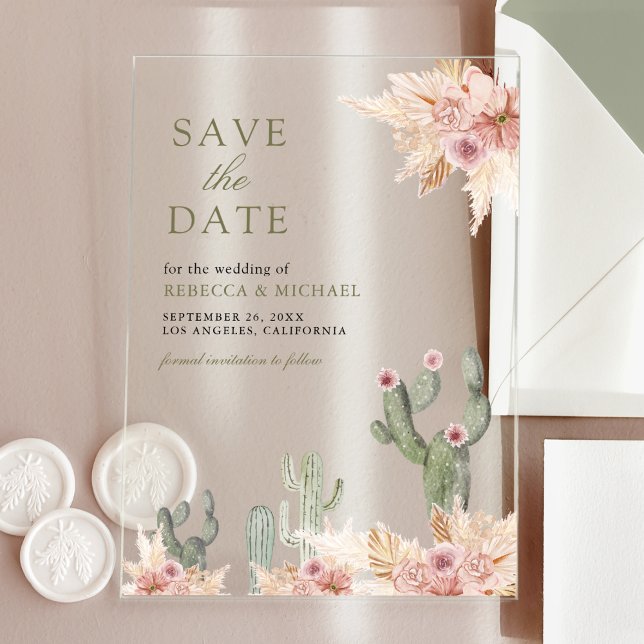 Invitaciones Acrílicas Boda de pampas cactus con flores rosadas Salven la (Subido por el creador)