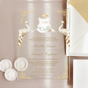 Invitaciones Acrílicas Boda de Pavo Real Blanco Real Indio Corona de Oro