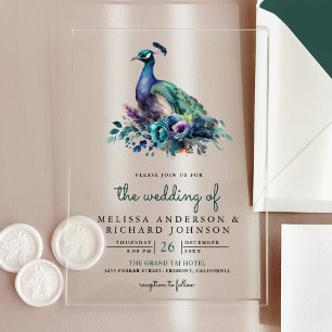 Invitaciones Acrílicas Boda de pavo real floral verde esmeralda