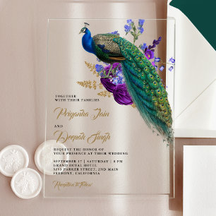 Invitaciones Acrílicas Boda de pavo real indio floral púrpura azul real