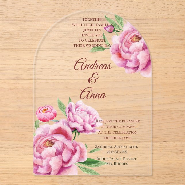 Invitaciones Acrílicas Boda de Peonía (Anverso)
