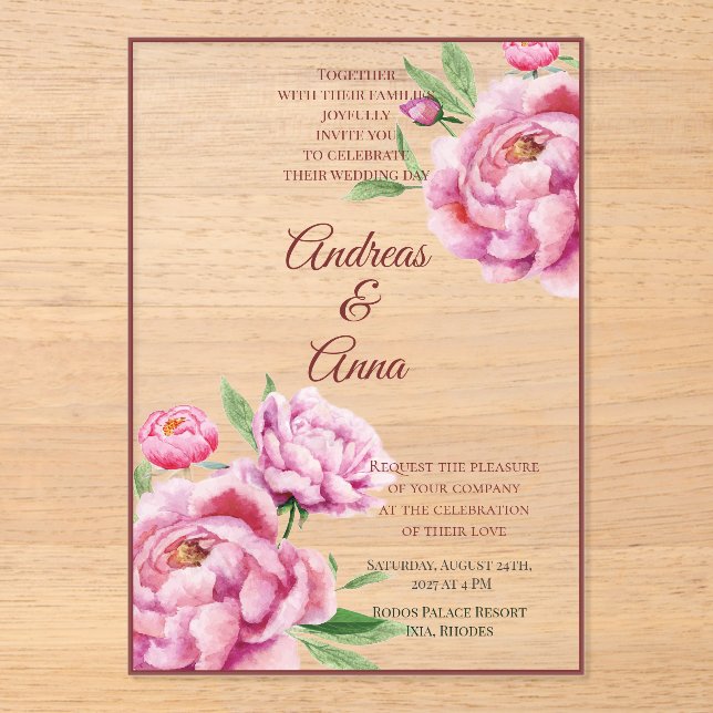 Invitaciones Acrílicas Boda de Peonía (Anverso)