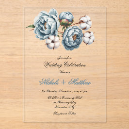 Invitaciones Acrílicas Boda de peonía azul polvorienta y algodón