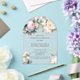 Invitaciones Acrílicas Boda de Peonía Blanca Suave con Eucalipto