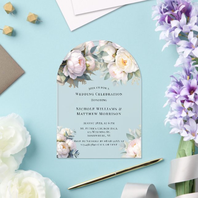 Invitaciones Acrílicas Boda de Peonía Blanca Suave con Eucalipto (Insitu (Boda))
