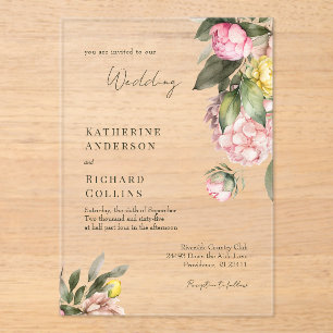 Invitaciones Acrílicas Boda de peonías elegantes de color rosa y amarillo