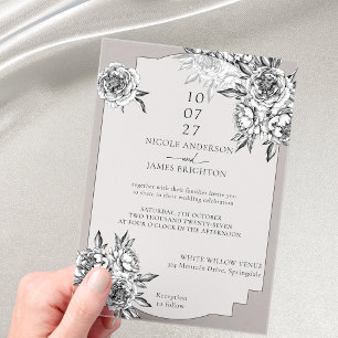 Invitaciones Acrílicas Boda de peonías modernas simples en blanco y negro