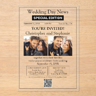 Invitaciones Acrílicas Boda de periódico contemporáneo elegante moderno