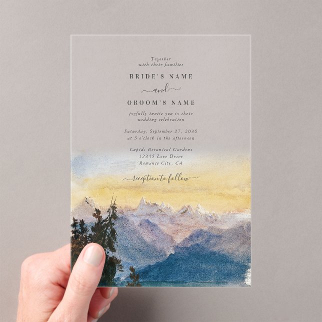 Invitaciones Acrílicas Boda de pino de las montañas azul acuarela (Insitu (portátil))