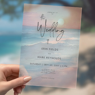 Invitaciones Acrílicas Boda de playa con acuarela de puesta de sol en el 