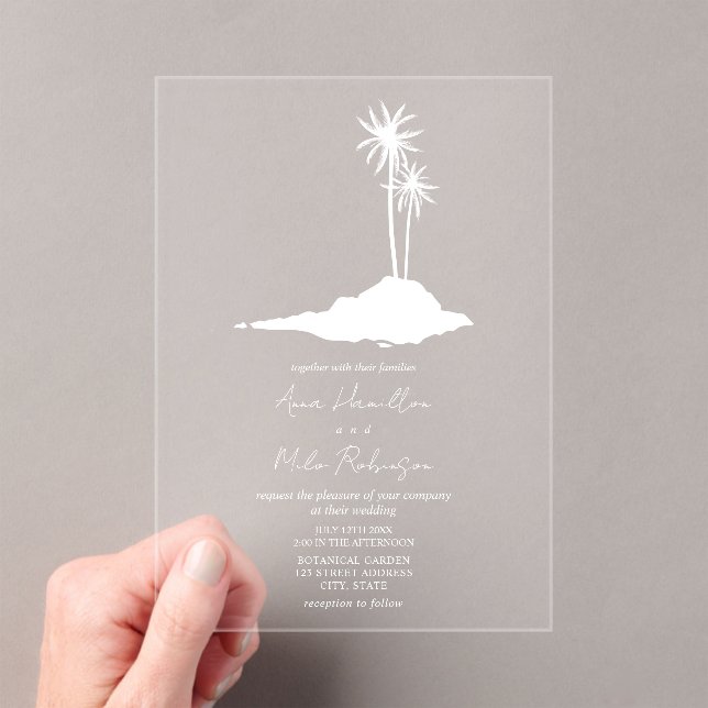 Invitaciones Acrílicas Boda de Playa de Isla de Palmeras Tropicales (Insitu (portátil))