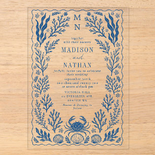 Invitaciones Acrílicas Boda de playa de océano con concha de cangrejo náu