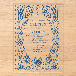 Invitaciones Acrílicas Boda de playa de océano con concha de cangrejo náu