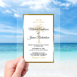 Invitaciones Acrílicas Boda de playa elegante con palma dorada tropical
