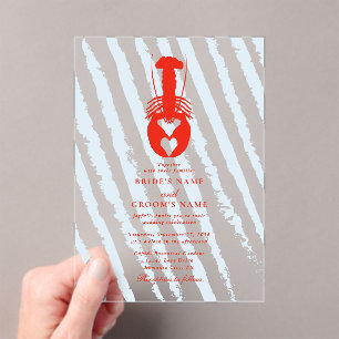 Invitaciones Acrílicas Boda de playa náutica con rayas azules y corazón d